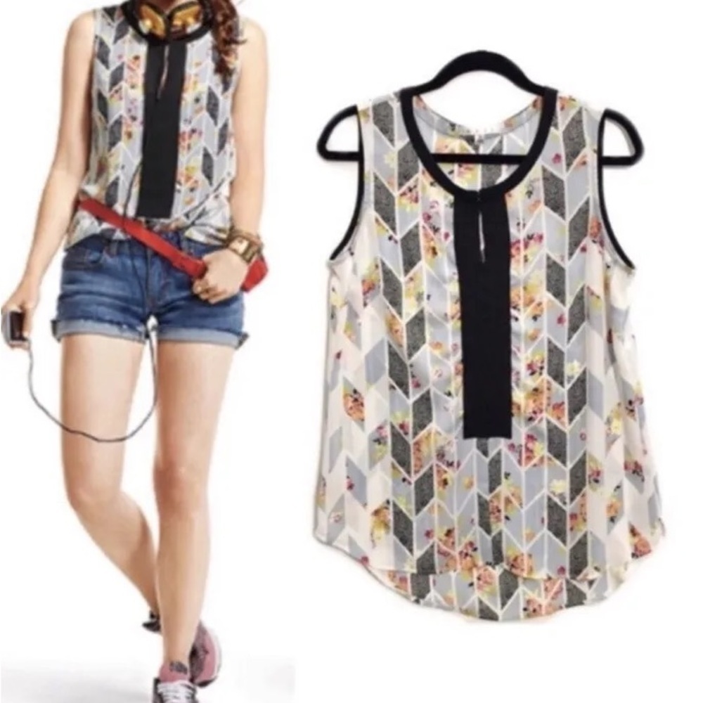 Cabi #249 sz Small Spring Grosgrain Floral Geometric Print Sleeveless Blouse
